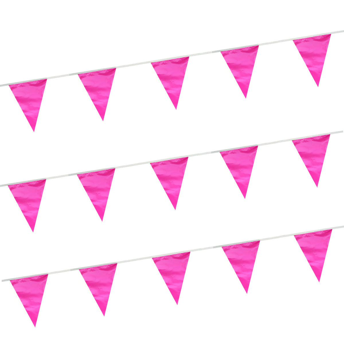 Tira de banderines triangulares color rosa mexicano con guía de rafia blanca, ideal para decoración de fiestas, eventos, exposiciones y exteriores, largo total de 50m, con 84 banderines. Tira de banderines triangulares color rosa mexicano con guía de rafia blanca, ideal para decoración de fiestas, eventos, exposiciones y exteriores, largo total de 50m, con 84 banderines.